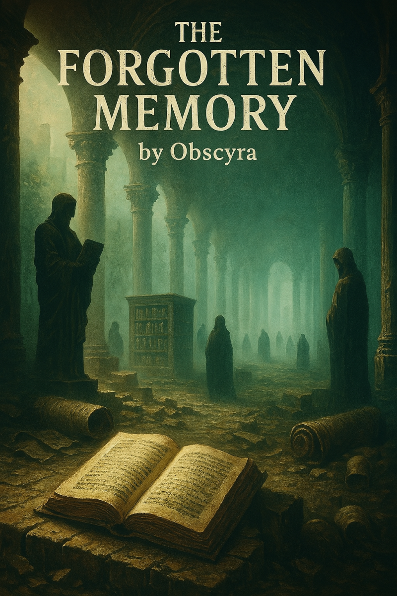 Digital painting of The Forgotten Memory collection by Obscyra, showing an ancient abandoned library, a broken statue, and ghostly silhouettes fading into mist — evoking lost histories and erased legacies.