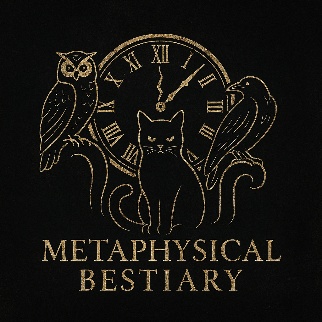 Emblem for the Metaphysical Bestiary collection: a stylized black cat, an owl, and a crow surrounding a broken golden clock on a dark textured background.