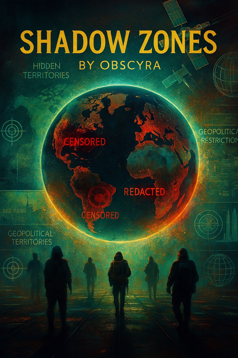 Colorful digital painting for the Shadow Zones collection by Obscyra, showing a figure walking through a fragmented map with glowing borders and hidden regions — representing censored areas and forbidden territories.