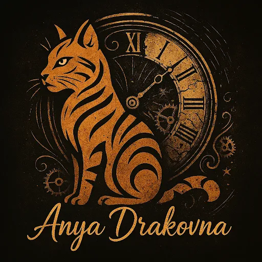 Emblème carré d’Anya Drakovna : un chat tigré stylisé posé sur une horloge brisée, entouré de filigranes dorés, sur fond sombre avec signature dorée.