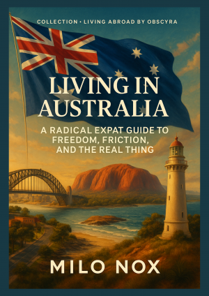 Book cover showing the Australian flag flying over iconic landmarks including Sydney Harbour Bridge, a lighthouse, and Uluru in the background.