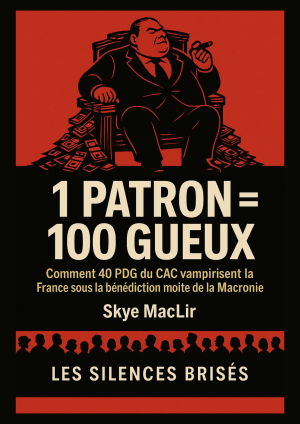 Couverture du livre 1 Patron = 100 Gueux, montrant un gros patron sur son trône de billets, symbole d’inégalités sociales extrêmes.