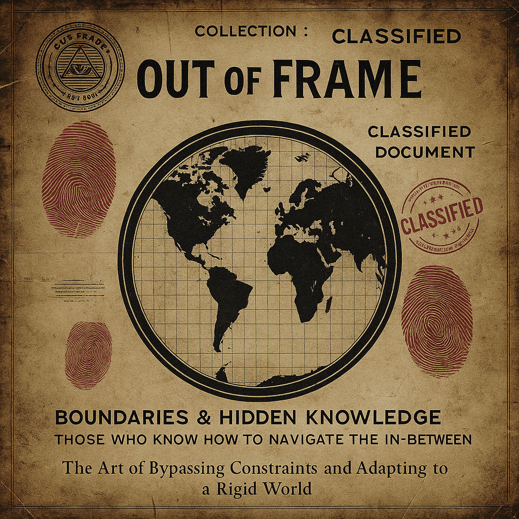 Square graphic representing the Out of Frame collection by Obscyra. A vintage classified document with fingerprints, stamps, and a dark world map, evoking hidden knowledge and strategies for bypassing global constraints.