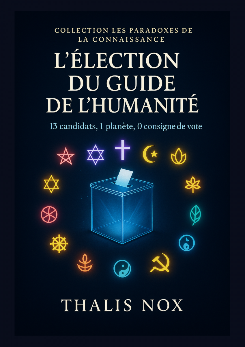 Couverture du livre “L’Élection du Guide de l’Humanité” de Thalis Nox – urne entourée de symboles religieux et idéologiques sur fond sombre