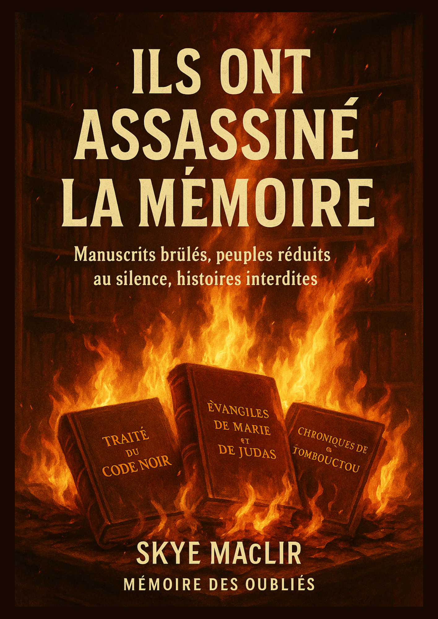 Couverture du livre avec des livres anciens en flammes, portant les titres “Traité du Code Noir”, “Évangiles de Marie et de Judas”, et “Chroniques de Tombouctou”, sur fond de bibliothèque en feu.