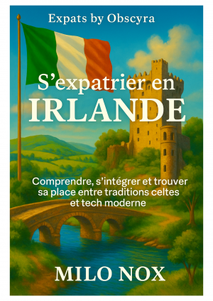 Couverture du guide montrant un paysage vallonné d’Irlande avec un château médiéval, un pont de pierre, une rivière et le drapeau irlandais flottant.