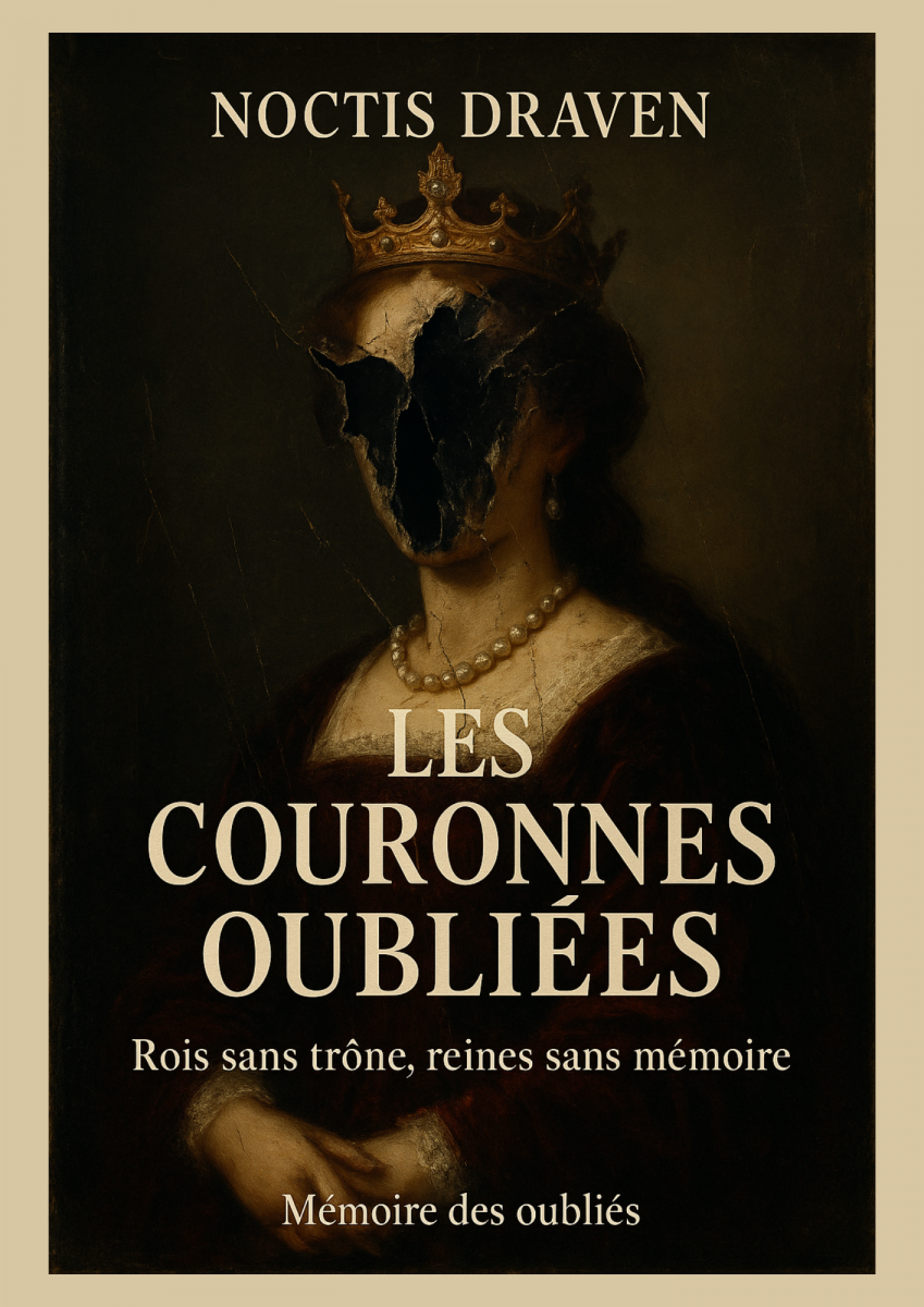 Portrait de reine à la couronne fendue et visage effacé, symbolisant les figures souveraines éliminées des récits historiques.