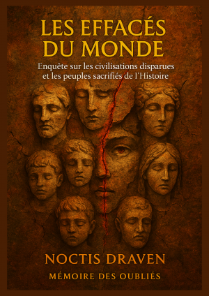 Couverture du livre Les Effacés du Monde, montrant des visages sculptés rongés par le temps, métaphore des civilisations effacées.
