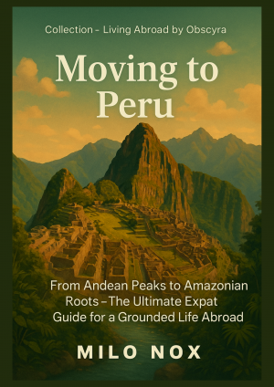 Cover of “Moving to Peru” by Milo Nox showing Machu Picchu at sunset, with title text overlayed on an Andean landscape.