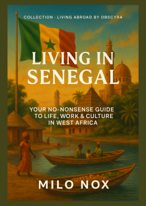 Cover of the expat guide showing traditional Senegalese boats on a river, a mosque in the background, and the Senegalese flag flying.