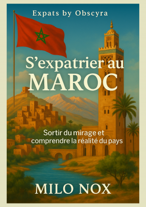 Couverture du livre “S’expatrier au Maroc” de Milo Nox – mosaïque marocaine, portes traditionnelles et montagnes en arrière-plan