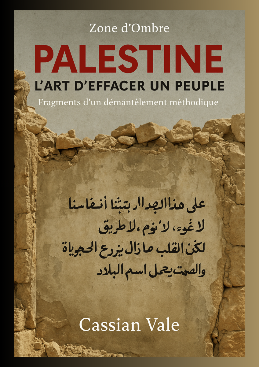 Couverture du livre Palestine : L’art d’effacer un peuple, avec un mur effondré, une inscription arabe poétique, et un ciel couleur poussière.