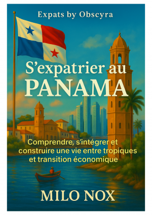 Couverture du livre “S’expatrier au Panama” de Milo Nox – drapeau panaméen, église coloniale et gratte-ciels tropicaux en arrière-plan