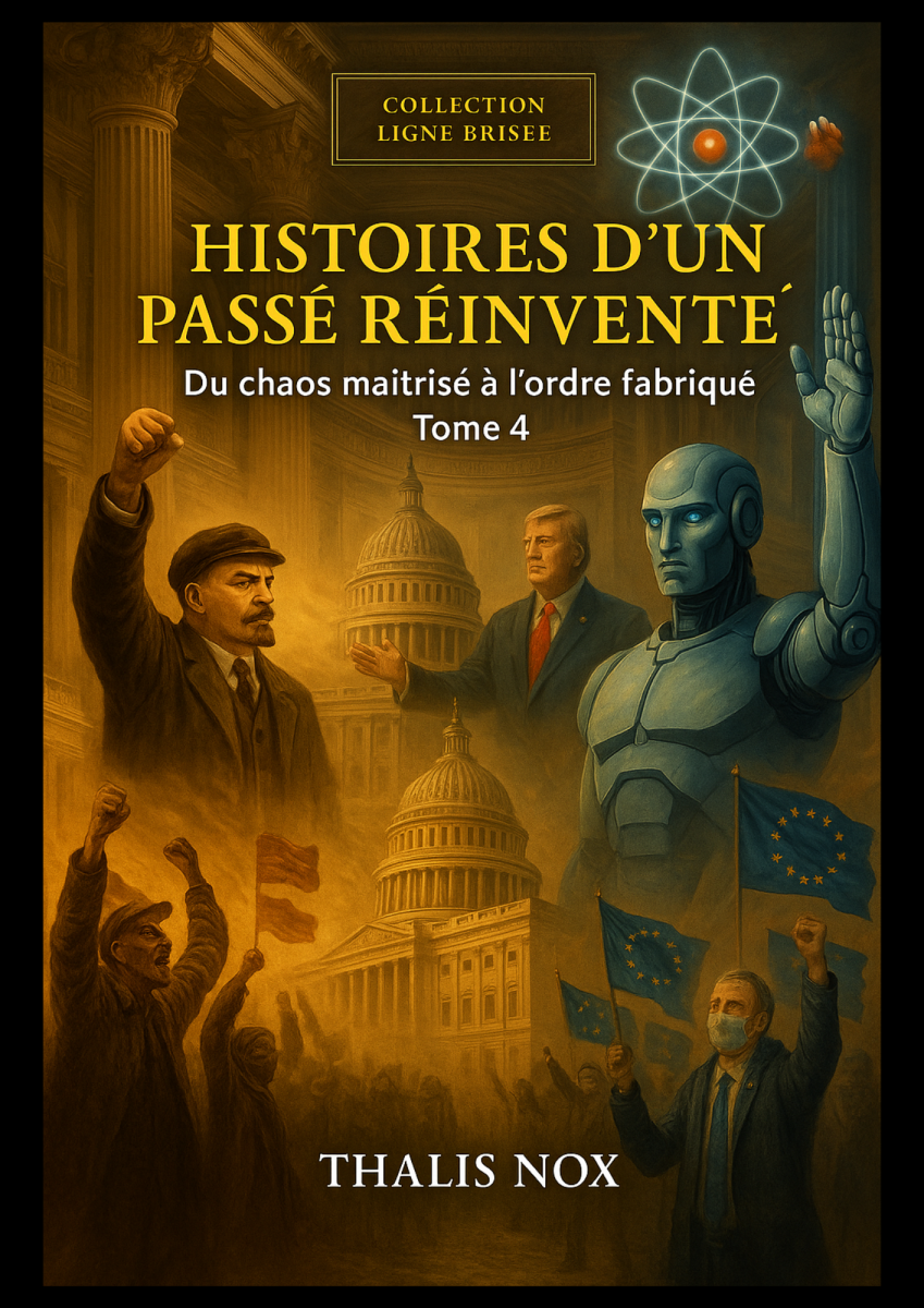 Couverture du Tome 4 de Ligne Brisée : Trump, Lénine, un robot humanoïde et des foules en révolte sous une architecture monumentale et oppressante.