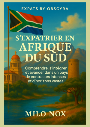 Couverture du livre “S’expatrier en Afrique du Sud” avec le drapeau sud-africain, une architecture locale, et une montagne symbolique sur fond de ciel bleu.