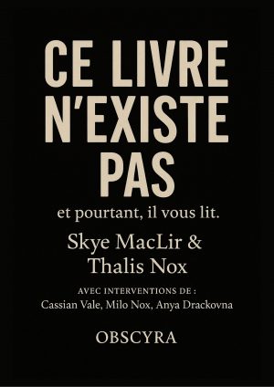 Couverture du livre « Ce livre n’existe pas » avec fond noir texturé, typographie blanche imposante et sous-titre rouge sur ligne instable.