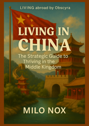 Cover of “Living in China” featuring a Chinese flag, traditional architecture, pagodas, and a serene river landscape under a clear sky.