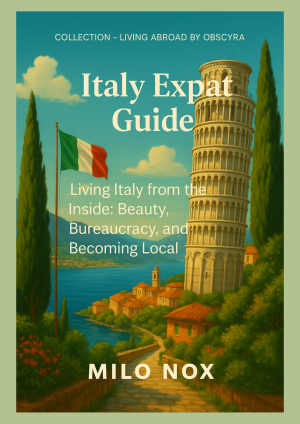 Illustrated book cover showing the Leaning Tower of Pisa, Italian countryside, and national flag, for the guide "Italy Expat Guide" by Milo Nox.
