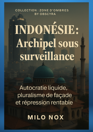 Couverture du livre “Indonésie : Archipel sous surveillance” avec une mosquée au premier plan et des tours d’affaires sous brouillard urbain.