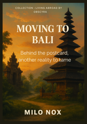 Cover of “Moving to Bali” showing a Balinese temple at sunset with a tropical jungle backdrop and golden light.