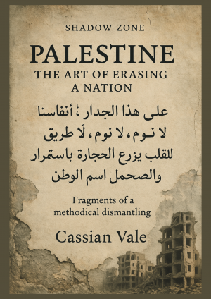 Cover of “Palestine: The Art of Erasing a Nation” with Arabic poem, cracked wall texture, and ruins—symbolizing cultural destruction and silence.