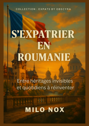 Couverture du livre “S’expatrier en Roumanie” avec drapeau roumain en arrière-plan, architecture traditionnelle et ciel aux teintes chaudes du crépuscule.
