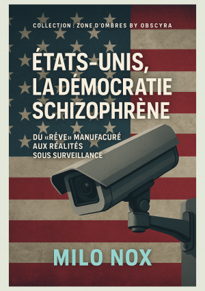Couverture du livre “États-Unis, la démocratie schizophrène” montrant un drapeau américain et une caméra de surveillance sur fond usé et tendu.