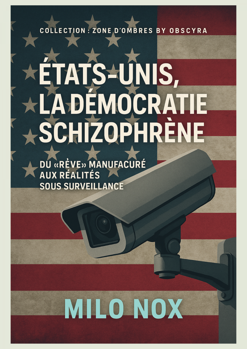 Couverture du livre “États-Unis, la démocratie schizophrène” montrant un drapeau américain et une caméra de surveillance sur fond usé et tendu.