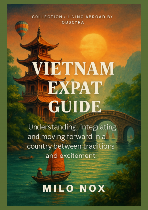 Cover of “Vietnam Expat Guide” with a traditional pagoda, arched bridge, and boat in a sunset-lit river scene, evoking cultural immersion.