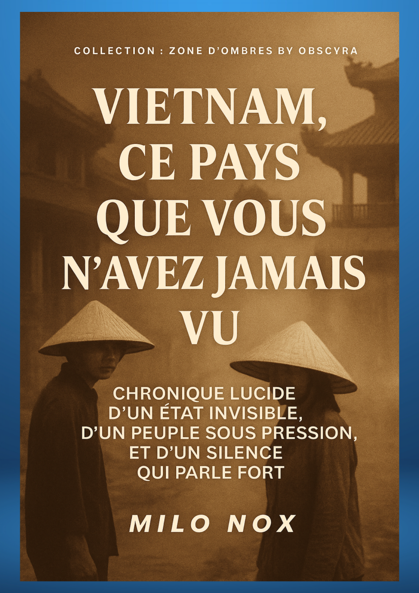 Couverture du livre “Vietnam, ce pays que vous n’avez jamais vu” avec deux silhouettes vietnamiennes portant des nón lá, sur fond sépia.
