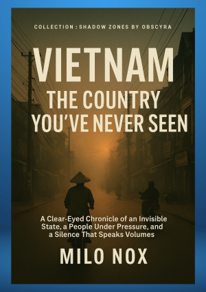 Cover of “Vietnam: The Country You’ve Never Seen” featuring a shadowy street scene with power lines and silhouettes in a heavy orange haze.