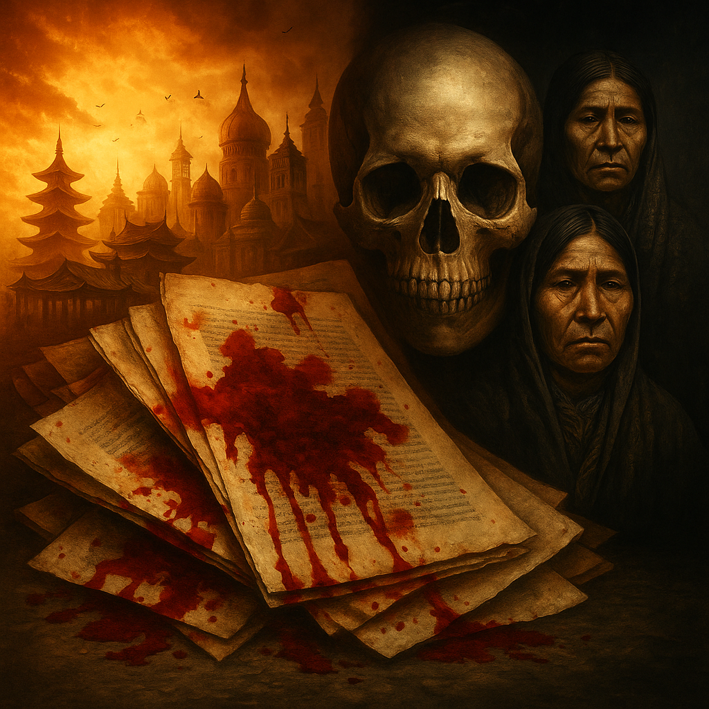 Illustration symbolique de la collection Terres Dépossédées : crâne humain, visages autochtones et pages ensanglantées sur fond de temples orientaux et coupoles russes, dans une ambiance rouge sombre.