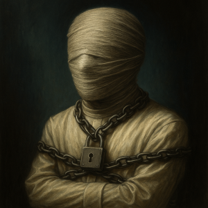 Visuel symbolique de la collection Les Normes Inhabitées : figure en camisole de force et tête entièrement bandée, enchaînée avec un cadenas sur fond sombre, représentant la violence douce de la norme sociale.