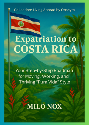 Cover of "Expatriation to Costa Rica" by Milo Nox, showing tropical jungle, a river, and the Costa Rican flag waving under blue sky.