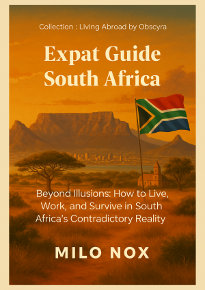 Book cover of "Expat Guide South Africa" by Milo Nox, featuring the South African flag in a savannah with Table Mountain in the background.