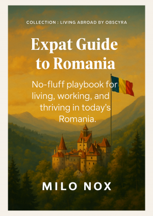Cover of “Expat Guide to Romania” by Milo Nox. Shows a dramatic Transylvanian village under moody skies with national colors subtly layered in.