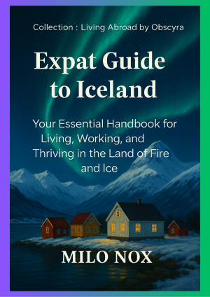 Cover of “Expat Guide to Iceland” by Milo Nox, showing Nordic houses under northern lights with snowy mountains and fjords in the background.