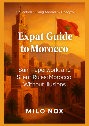 Cover of the book “Expat Guide to Morocco” featuring a Moroccan cityscape at sunset with the national flag and traditional architecture.