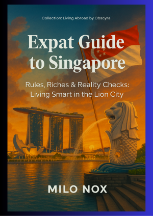 Book cover of "Expat Guide to Singapore" by Milo Nox, featuring the Marina Bay skyline at sunset, the Merlion, and the Singapore flag in the foreground.