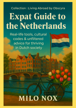 Book cover of "Expat Guide to the Netherlands" by Milo Nox, showing Dutch canal houses, tulips, a bicycle, and a Netherlands flag in warm sunset light.