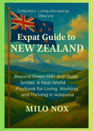 Cover of "Expat Guide to New Zealand" by Milo Nox, featuring green hills, a peaceful lake, the NZ flag, and a snow-capped volcano at sunset.