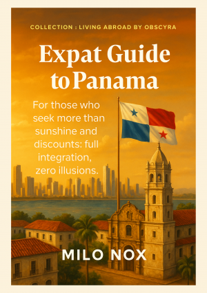 Illustrated cover of “Expat Guide to Panama” by Milo Nox, featuring Panama City skyline, colonial church, and national flag at sunset.
