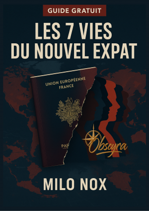 Couverture du guide "Les 7 vies du nouvel expat" de Milo Nox, avec un passeport français déchiré révélant des silhouettes en fond sur une carte du monde.