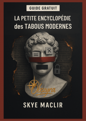 Couverture du livre "La Petite Encyclopédie des Tabous Modernes" de Skye MacLir, montrant un buste antique censuré par des symboles modernes sur fond de texte brûlé.