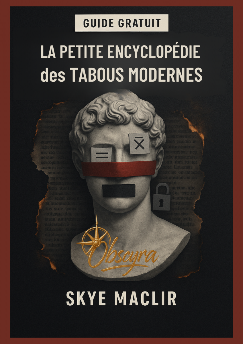 Couverture du livre "La Petite Encyclopédie des Tabous Modernes" de Skye MacLir, montrant un buste antique censuré par des symboles modernes sur fond de texte brûlé.