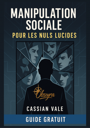 Couverture du guide "Manipulation sociale pour les nuls lucides" de Cassian Vale, montrant une silhouette entourée de visages fragmentés dans un motif géométrique.