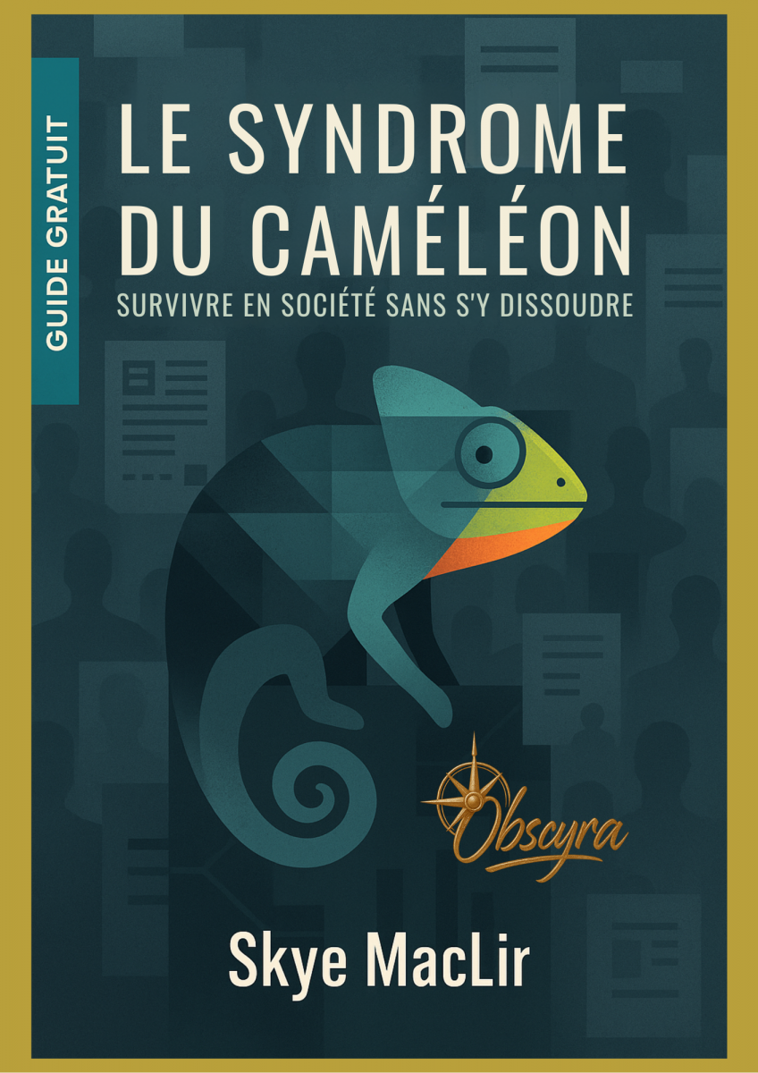 Couverture du guide "Le Syndrome du Caméléon" de Skye MacLir, illustrée par un caméléon coloré sur fond de silhouettes anonymes et de documents sociaux.