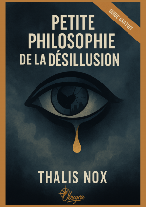 Couverture du guide "Petite philosophie de la désillusion" de Thalis Nox, illustrée par un œil pleurant une larme dorée sur fond brumeux et sombre.