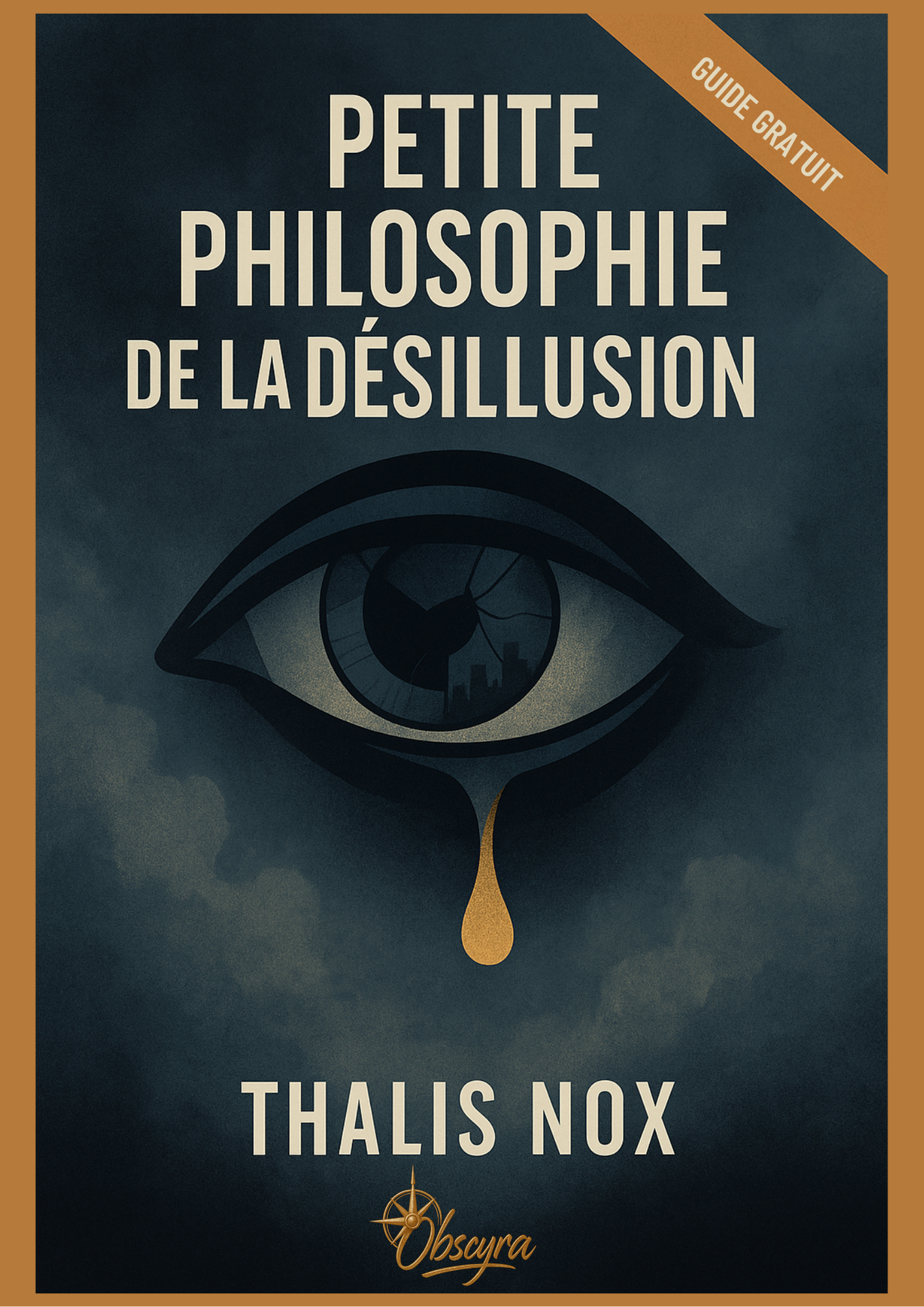 Couverture du guide "Petite philosophie de la désillusion" de Thalis Nox, illustrée par un œil pleurant une larme dorée sur fond brumeux et sombre.