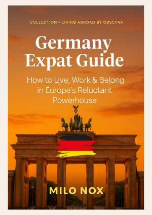Cover of “Germany Expat Guide” showing Berlin’s Brandenburg Gate at sunset, with black, red, and yellow paint strokes referencing the German flag.